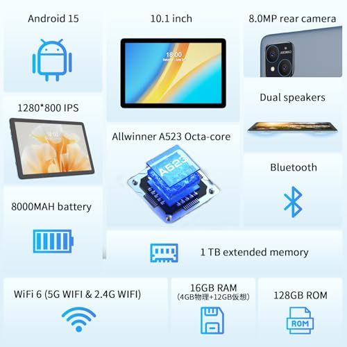 タブレット PRITOM 10インチ Android 15 Wi Fi 6モデル 16 GB 128 1 TB拡張 1280 800画面Widevine L Bluetooth 5 2 8000 mAhバッテリー アンドロイド Type C 無線投s