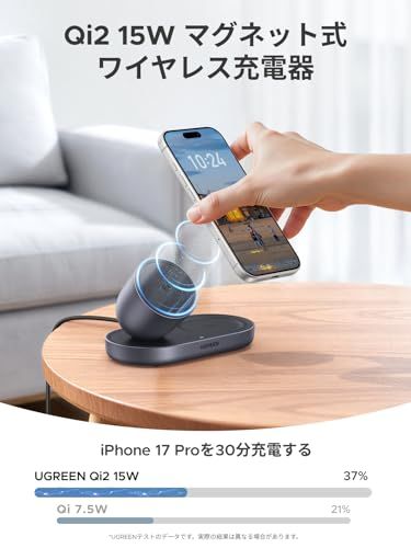 UGREEN Zapix ワイヤレス充電器 MagSafe 15 W Qi 2認証 2-in-1 イヤホン iPhone ワイヤレス充電 マグネット式 卓上用 48°絶妙な視角 17 16 14 13 12シリーズ - AirPods対応s