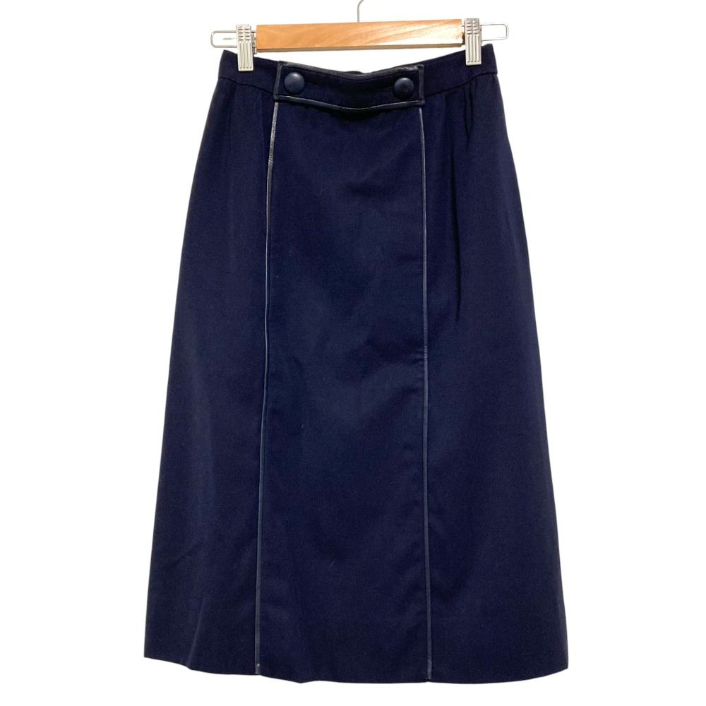 HERMES エルメス ヴィンテージ レザーパイピング ウール スカート サイズ36 ネイビー レディース 古着