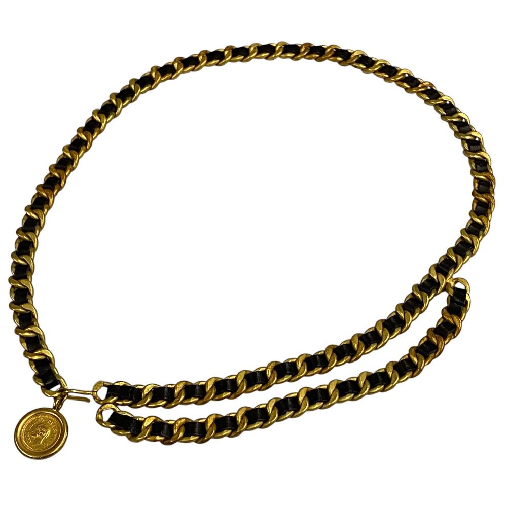94 P CHANEL シャネル 31 RUE CAMBON チェーン レザーベルト GP ゴールドカラー ブラック レディース 古着