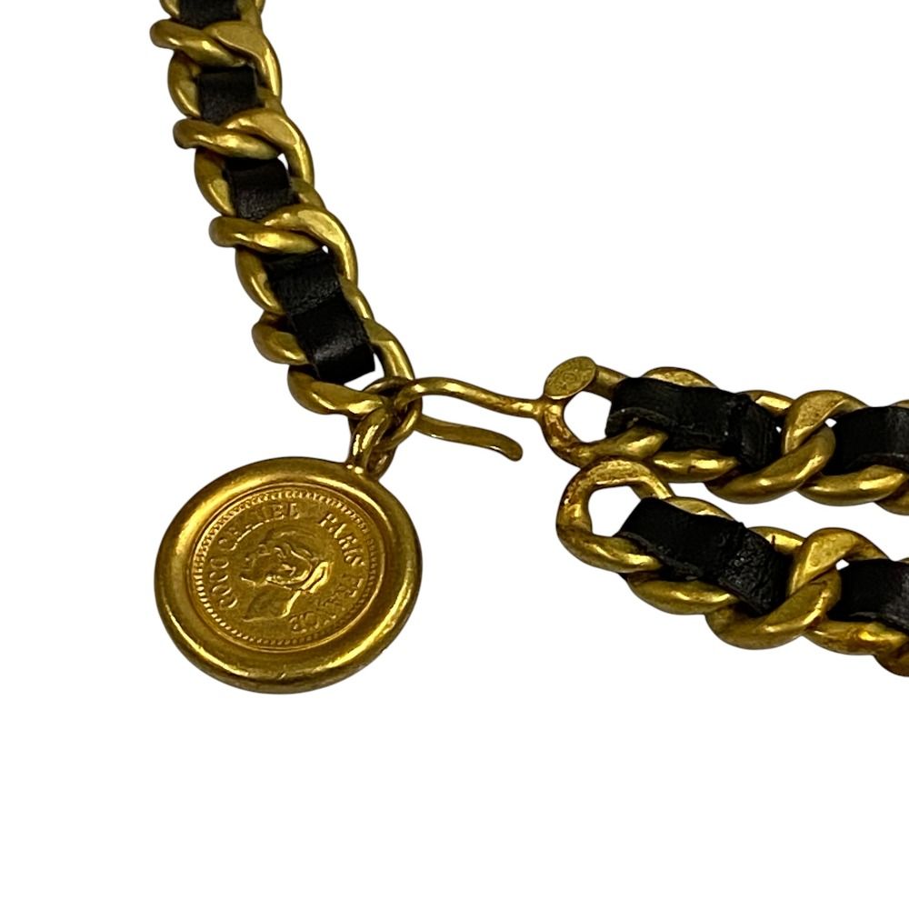 94 P CHANEL シャネル 31 RUE CAMBON チェーン レザーベルト GP ゴールド ブラック レディース 古着