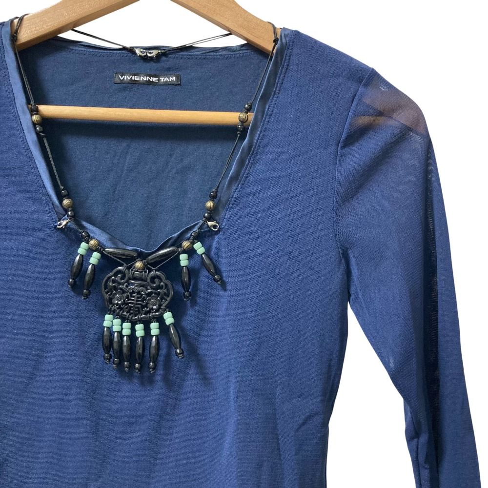TAM ヴィヴィアンタム ネックレス付き パワーネット 七分袖 カットソー サイズ0 ネイビー レディース 古着