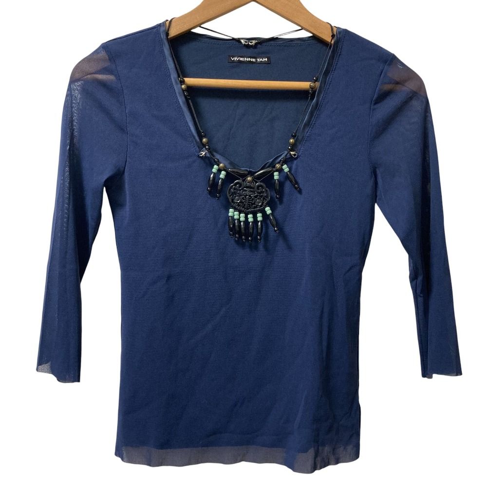 TAM ヴィヴィアンタム ネックレス付き パワーネット 七分袖 カットソー サイズ0 ネイビー レディース 古着