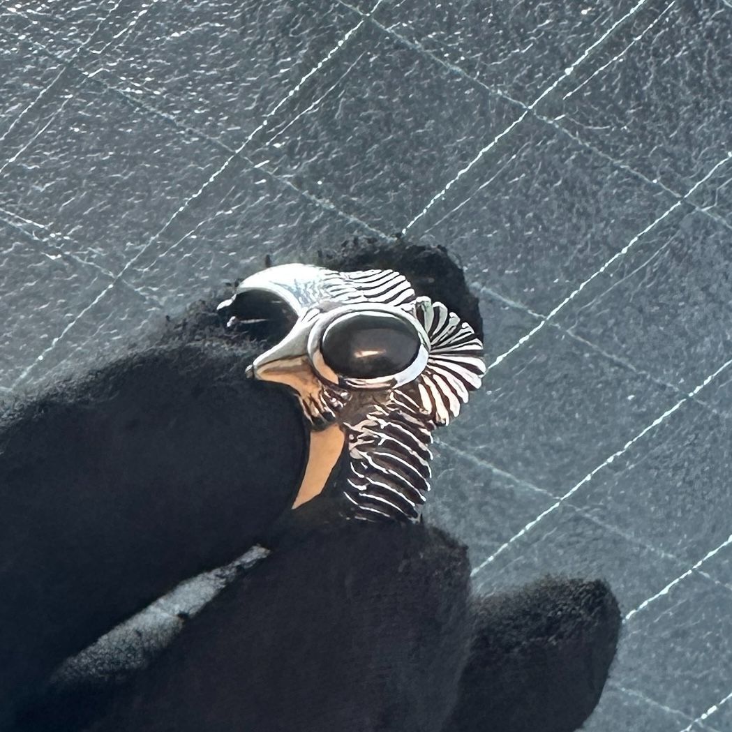 研磨済】SAAD イーグル ブラックストーン リング 15号 シルバー925