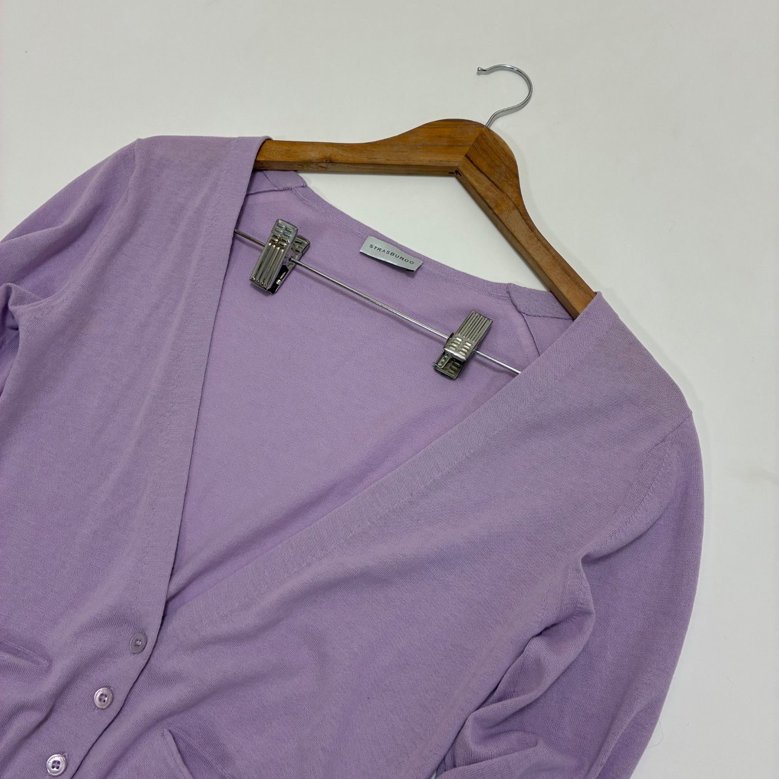 ストラスブルゴ　ロングカーディガン　ニット　コットン　Vネック　38　ネイビー STRASBURGO ストラスブルゴ☆Vネックカーディガン 38 ラベンダー