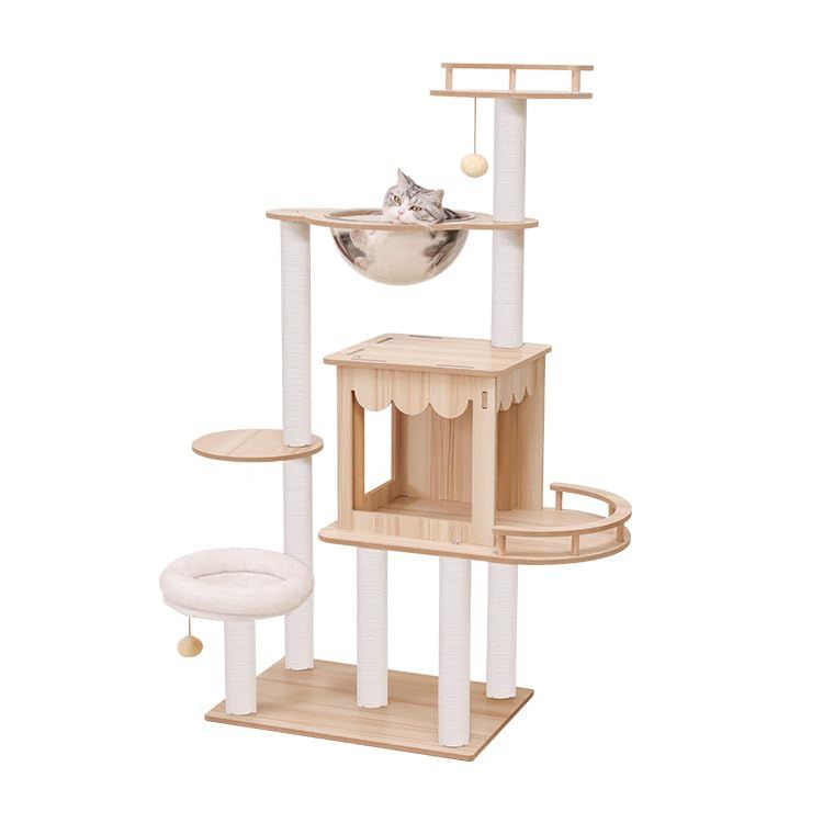 なになにLife キャットタワー 木製 高さ128 cm 大型猫 据え置き 大型 おしゃれ ワイドタイプ 多頭飼い 豪華 スリム 猫タワー 宇宙船 中型 猫 爪研ぎポール 見晴台付き 天然麻紐 キャットツリー クリアボウル 隠れ家 爪