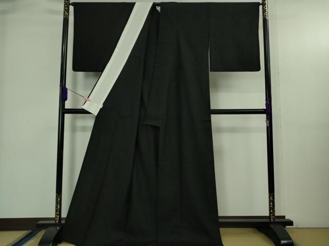 ▽ 上 本場結城紬 重要無形文化財 色無地 単衣 暗黒色 高島屋扱い kh 6