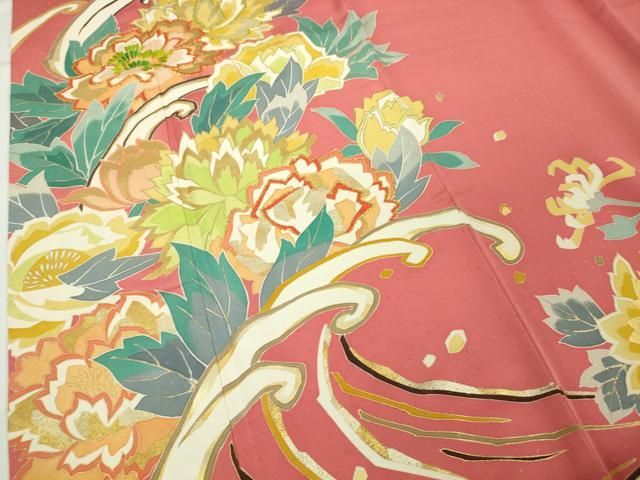平和屋本店○極上 創業460年・千總 振袖 刺繍 立波花文 韓紅色地 金糸