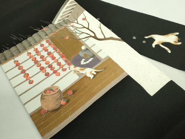 上 名門染元 秀美 十日町友禅 九寸名古屋帯 猫 柿 黒地 鬼しぼ縮緬 反端付き kh 6