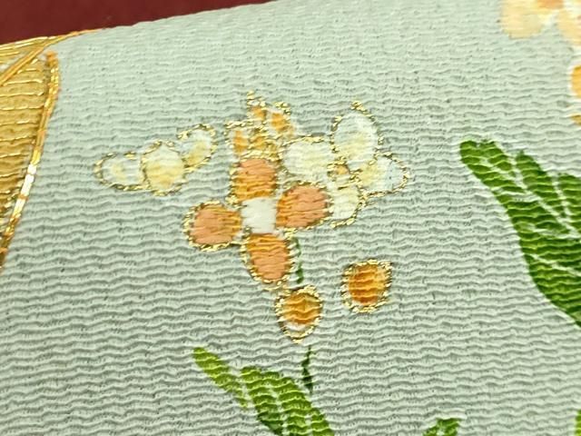  ● 上 銀座 志ま亀 九寸名古屋帯 駒刺繍 貝合わせ花文 赤銅色地 金彩 鬼しぼ縮緬 たとう紙付き kh 6 名古屋帯 帯