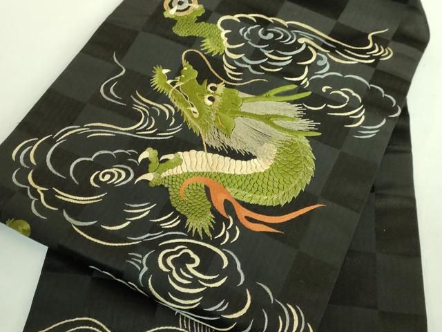  上 アンティーク 大正ロマン 九寸名古屋帯 総手刺繍 雲龍 黒地 kh 6 名古屋帯 帯