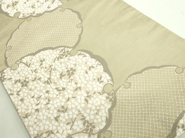 ● 上 創業200年 7代目永治屋清左衛門 六通柄袋帯 唐織 雪輪舞桜 利休茶色地 kh 6