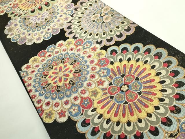 ● 上 1854年創業 帯屋捨松 六通柄袋帯 唐織 舞花文 黒地 金糸 kh 6