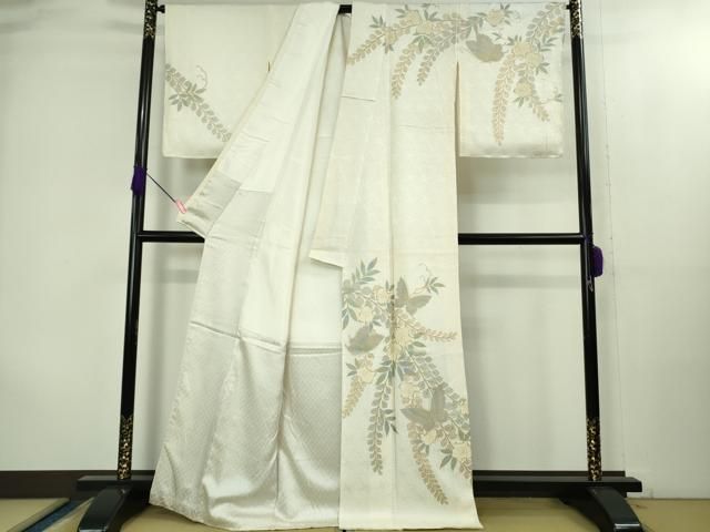 ● 上 訪問着 絞り 舞蝶花文 辻が花 象牙色地 金彩 kh 6