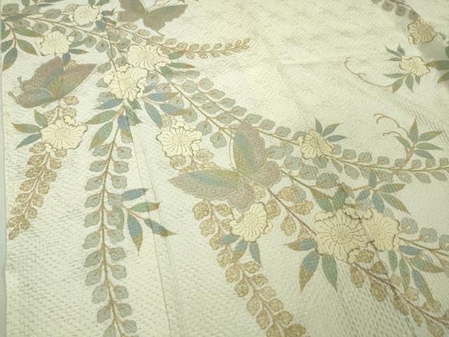  上 訪問着 絞り 舞蝶花文 辻が花 象牙色地 金彩 kh 6 訪問着 付け下げ 着物