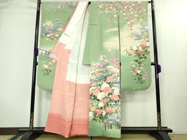 上 十日町友禅作家 岡村蒼風 振袖 吉祥花松文 暈し染め 裏葉柳色地 鈴乃屋扱い kh 6