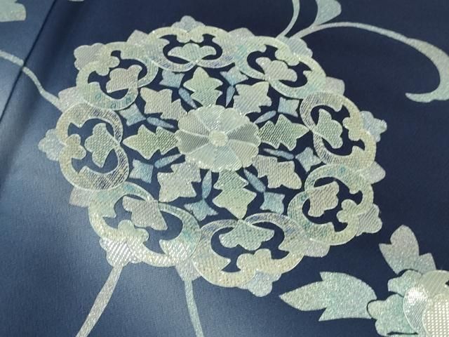  上 訪問着 佐賀錦 刺繍 花唐草文 紺青色地 暈し染め 銀糸 kh 6 訪問着 付け下げ 着物