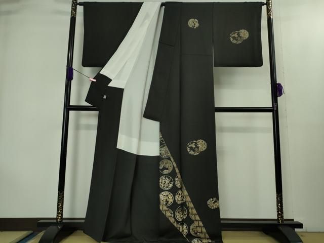 ● 上 山口美術織物 皇室 伊勢神宮御用 西陣織 訪問着 錦繍 鶴 蓑亀 花丸文 黒地 金銀糸 kh 6