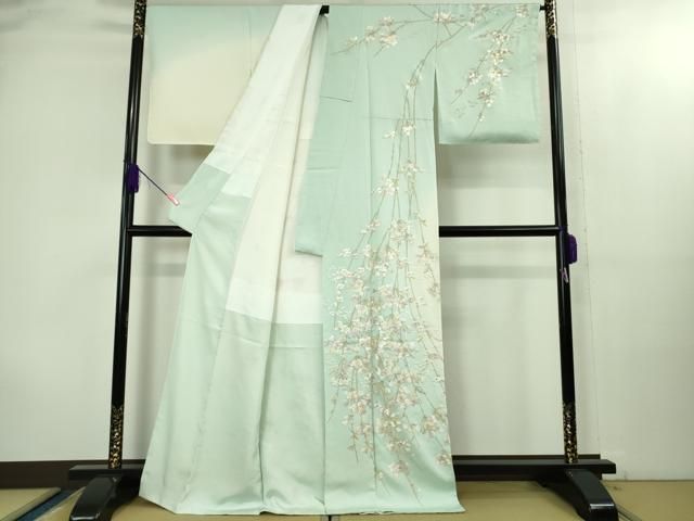 ● 上 訪問着 総手刺繍 枝垂れ花 暈し染め 金糸 反端付き ♥ kh 6