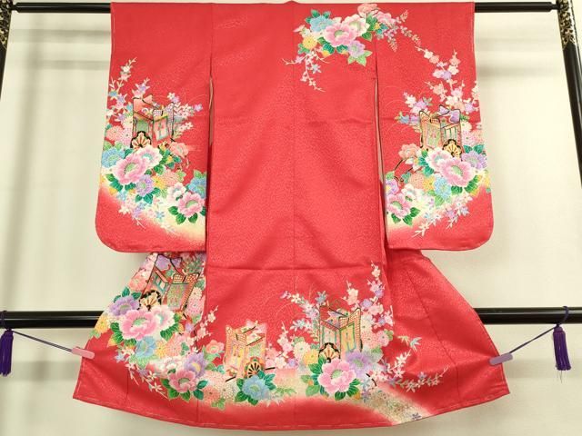 上 七五三 女の子 3歳 祝着 襦袢セット 御所車花文 暈し染め 金彩 洗える着物 kh 6