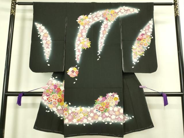上 七五三 女の子 3歳 祝着 襦袢セット 草花文 黒地 暈し染め 金彩 kh 6