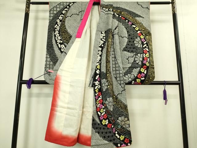 上 七五三 女の子 7歳 祝着 総絞り 束ね熨斗花文 黒地 金彩 kh 6