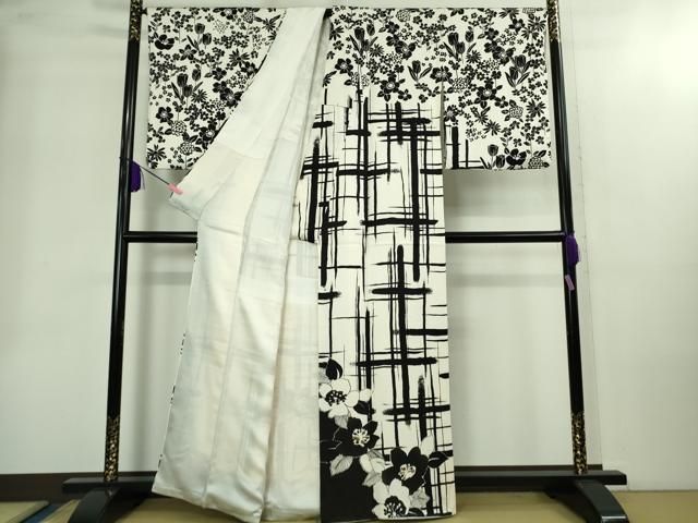 ● 上 訪問着 オマージュ 草花文 白×黒 金彩 kh 6