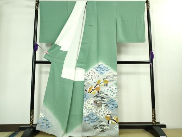 ● 上 人間国宝 羽田登喜男 色留袖 鴛鴦7羽 薄青色地 暈し染め 金銀彩 扱い kh 6