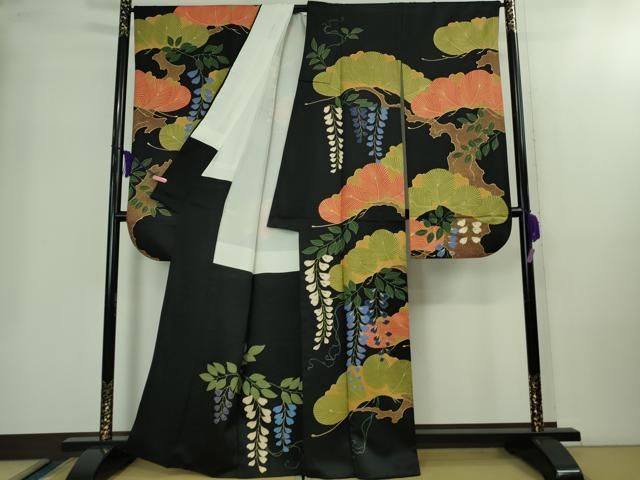 上 ジャパンオートクチュール 渡辺雪三郎 振袖 刺繍 松藤花房 黒地 金糸 kh 6