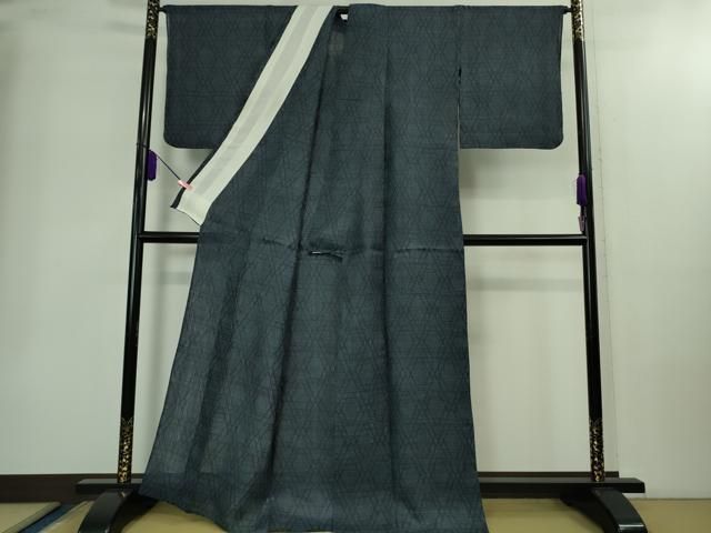 上 夏物 重要無形文化財 本場宮古上布 苧麻 菱文 青藍色地 kh 6 ウエストゴム 紬 