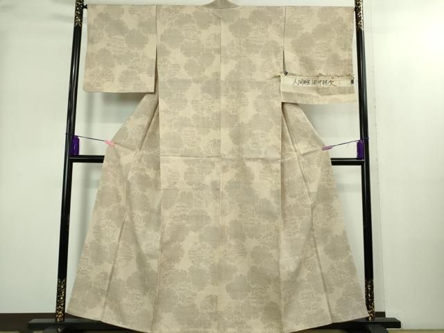 ● 上 人間国宝 田中林次 本場結城紬 重要無形文化財 80亀甲 結織苑 雪輪重ね 枯色地 反端 保証書付き ♥ kh 6