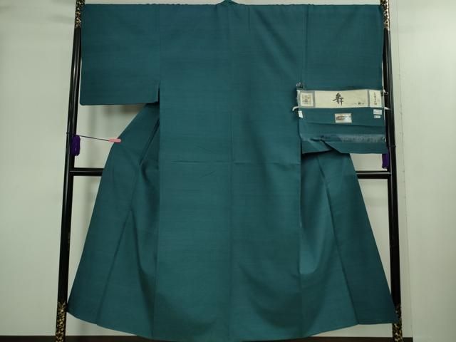 上 男性 紅花紬 米沢 新田英行 真綿手引紬 色無地 藍色 証紙付き kh 6