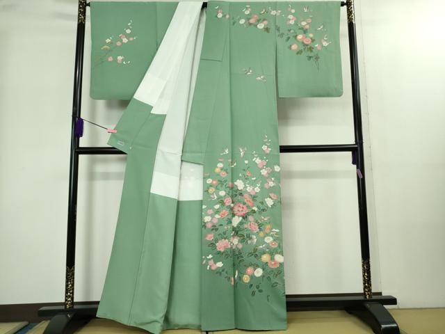 ● 上 京加賀友禅 百貫達雄 訪問着 枝花に小鳥 青竹色地 暈し染め 高島屋扱い kh 6