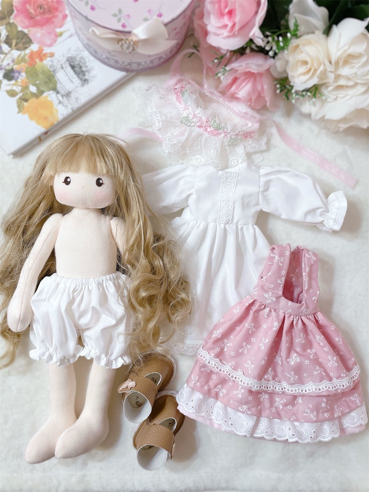 ハンドメイドドール 着せ替え布人形 手作り人形 ピンク