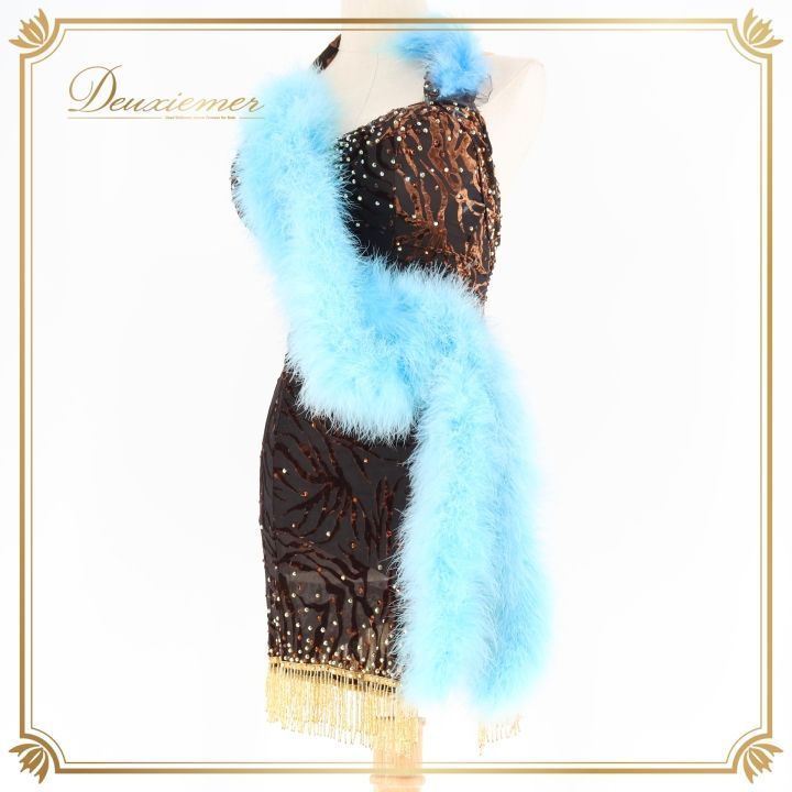 社交ダンス 衣装 ラテン ドレス ワンピース ファー ベロア 茶色 感 フリンジ デモ 競技 ダンス パーティ 発表会 atelier Miwa アトリエミワ ブラウン系 ブルー系 オシャレ レディース ダンス衣装 競技用 フォーマル 大人用
