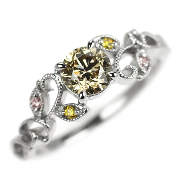 Pt900 ダイヤモンド 天然ピンク/トリートイエローダイヤ リング 0.59ct