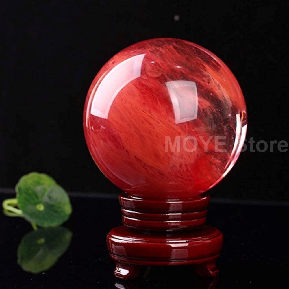新品?未使用】 レッド 水晶玉 開運グッズ 水晶ボール 水晶 台座付 丸玉