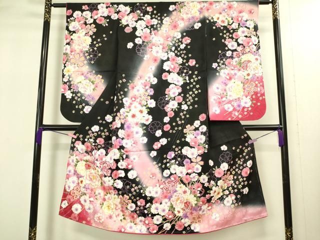 上 七五三 女の子 7歳 祝着 襦袢セット 花毬文 黒地 暈し染め 金彩 kh 6