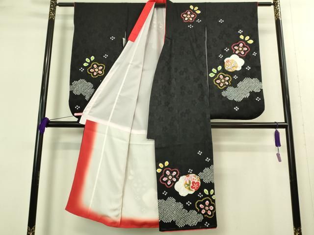 上 七五三 女の子 7歳 祝着 襦袢セット 駒刺繍 絞り 花毬文 黒地 金彩 kh 6