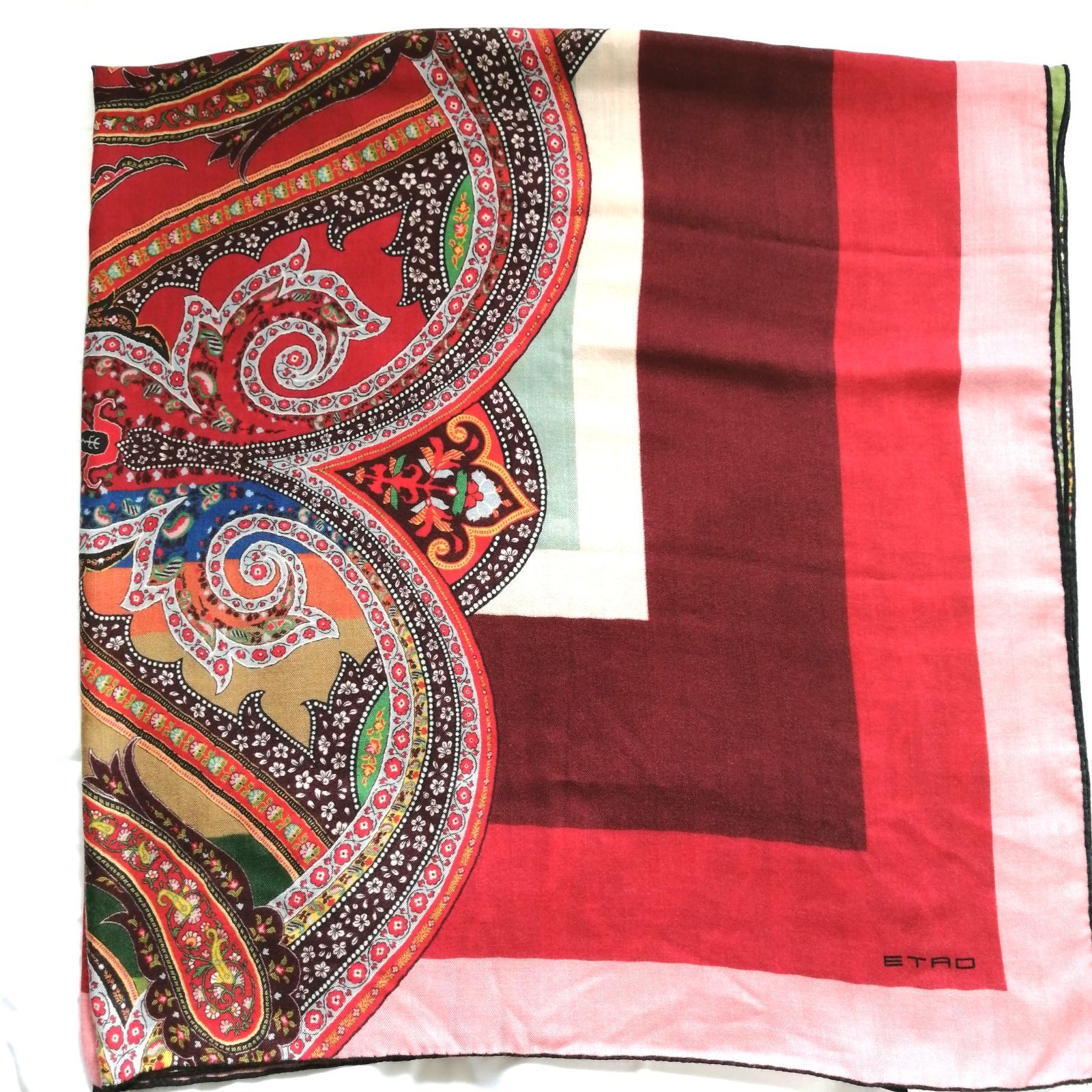 良品 エトロ ETRO ストール ショール 赤 ペイズリー カシミヤ シルク
