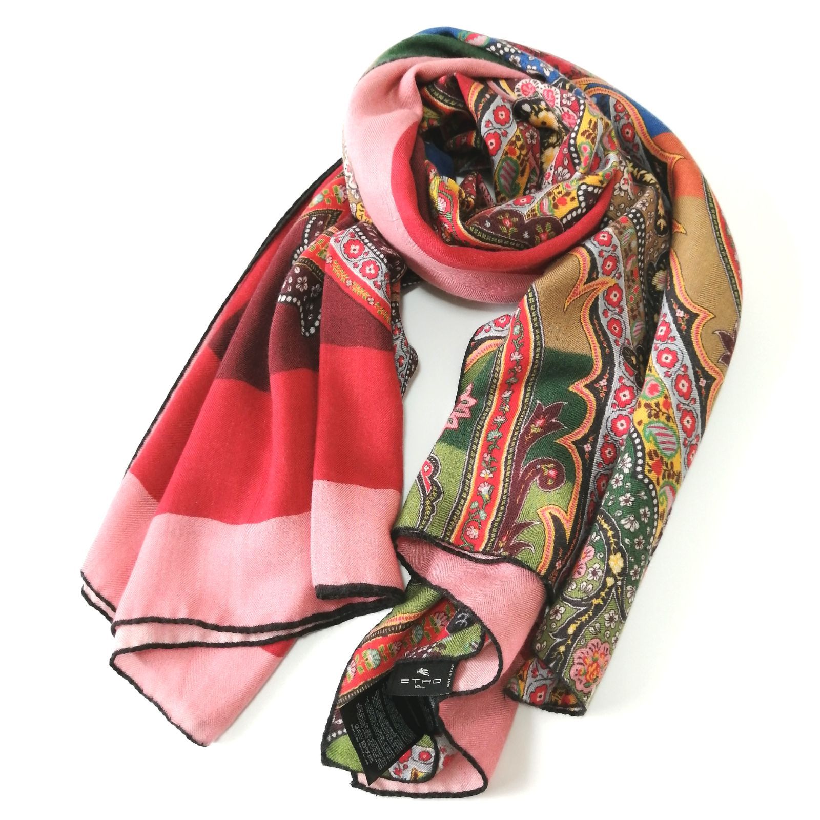 良品 エトロ ETRO ストール ショール 赤 ペイズリー カシミヤ シルク