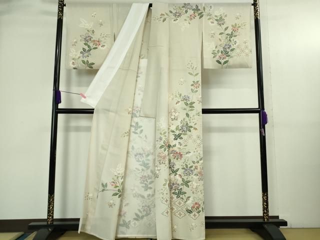 ＊ 上 夏物 訪問着 絽 更紗花文 砂色地 金彩 五泉 反端付き kh 6