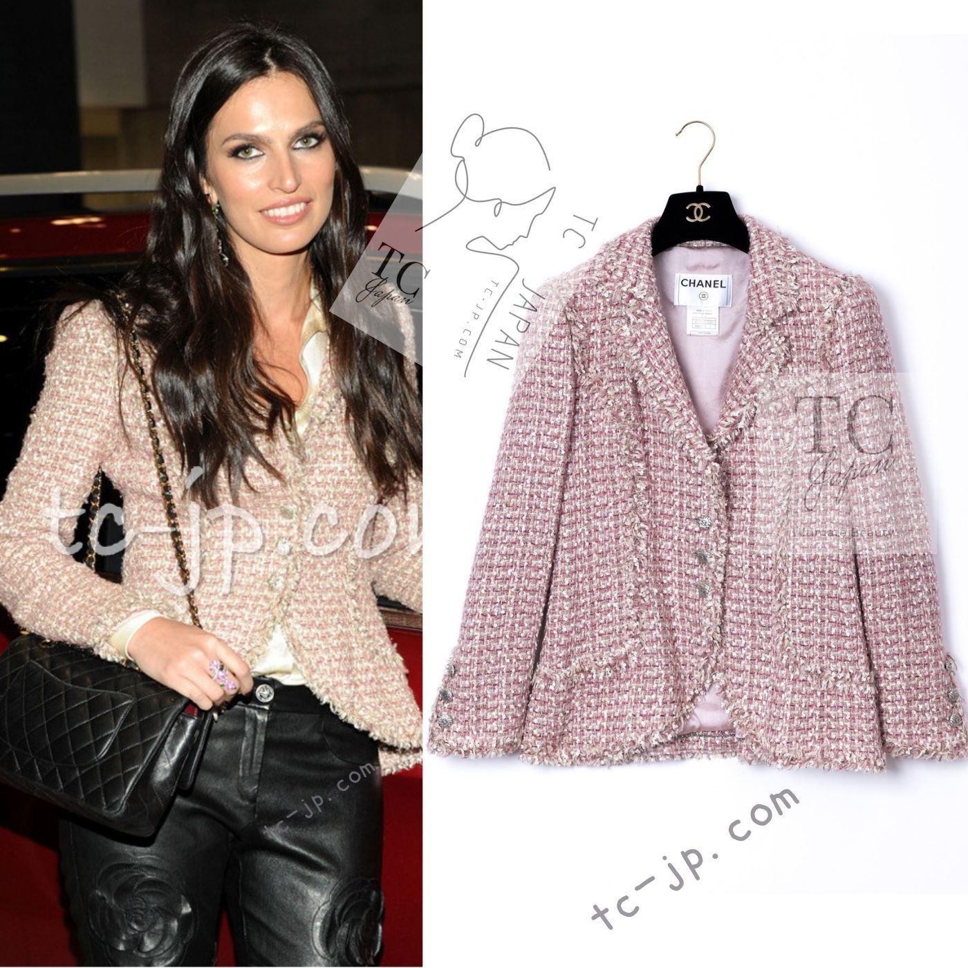 シャネル ジャケット CHANEL ピンク ベージュ ココCC ボタン ツイード カール ラガーフェルド 美人見え スパンコール 42