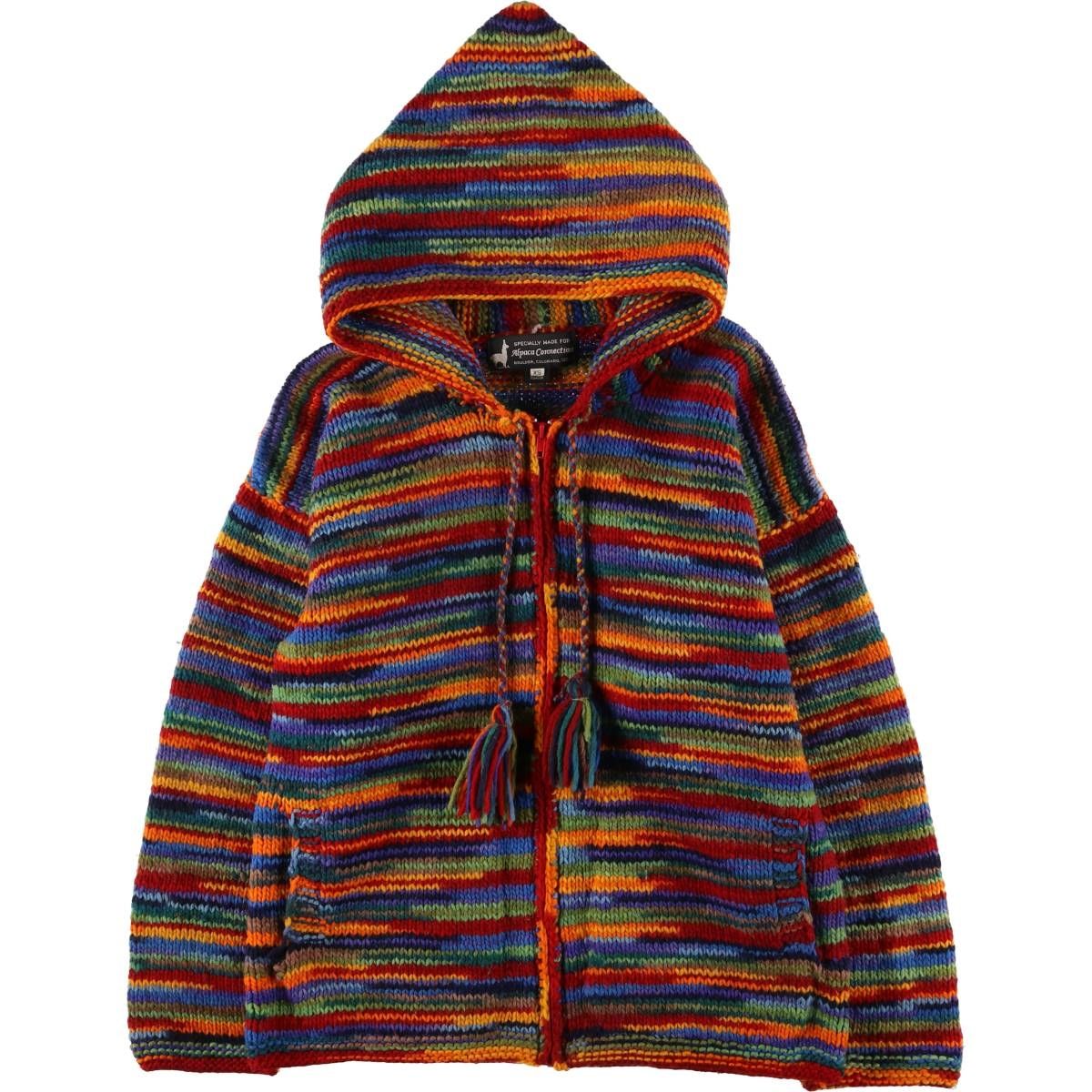 古着 Alpaca Connection ボーダー柄 エクアドルニットジップパーカー メンズS相当|eaa 603125