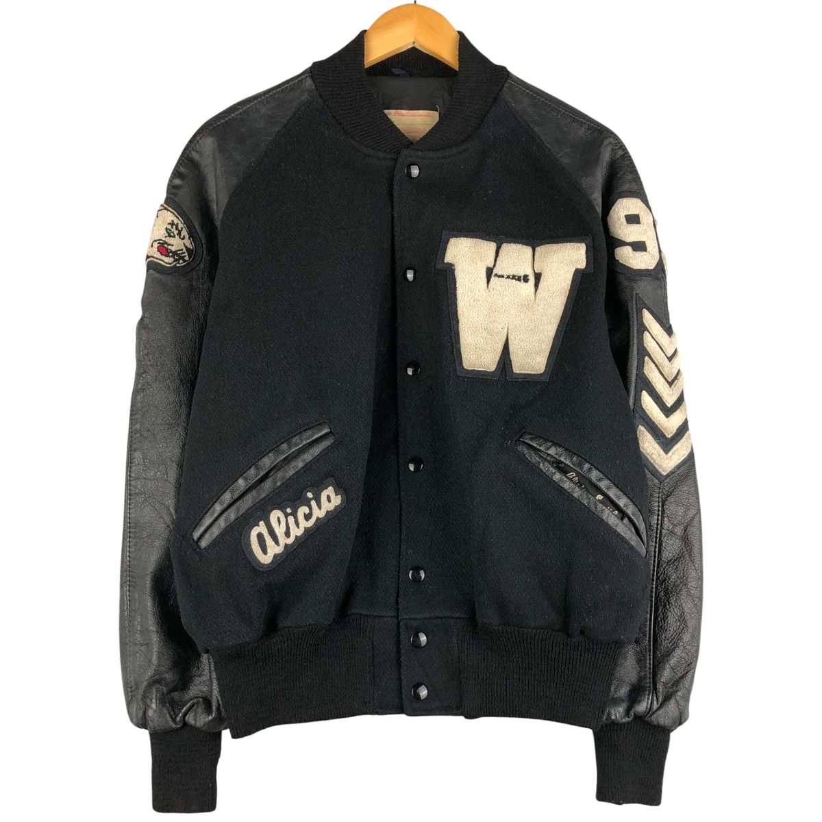 古着 80年代 デロング DeLONG 袖革ウールボタンスタジャン バーシティ