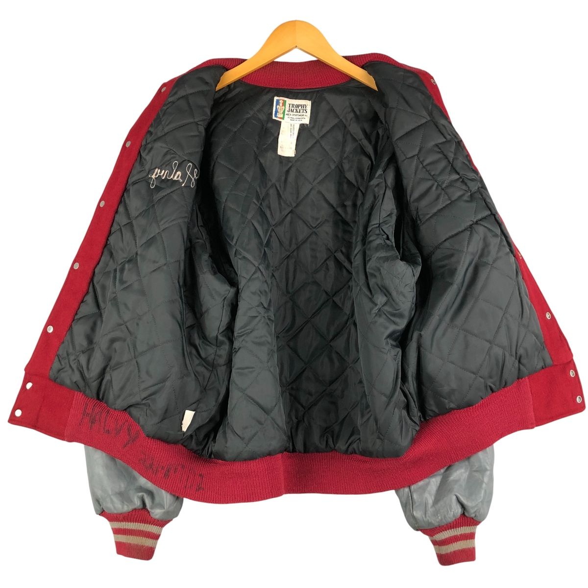 古着 80~90年代 TROPHY JACKETS 中綿入り 袖革ウールボタンスタジャン 