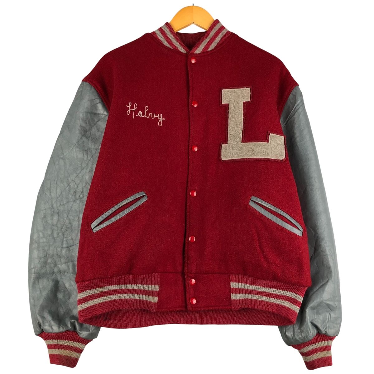 古着 80~90年代 TROPHY JACKETS 中綿入り 袖革ウールボタンスタジャン 
