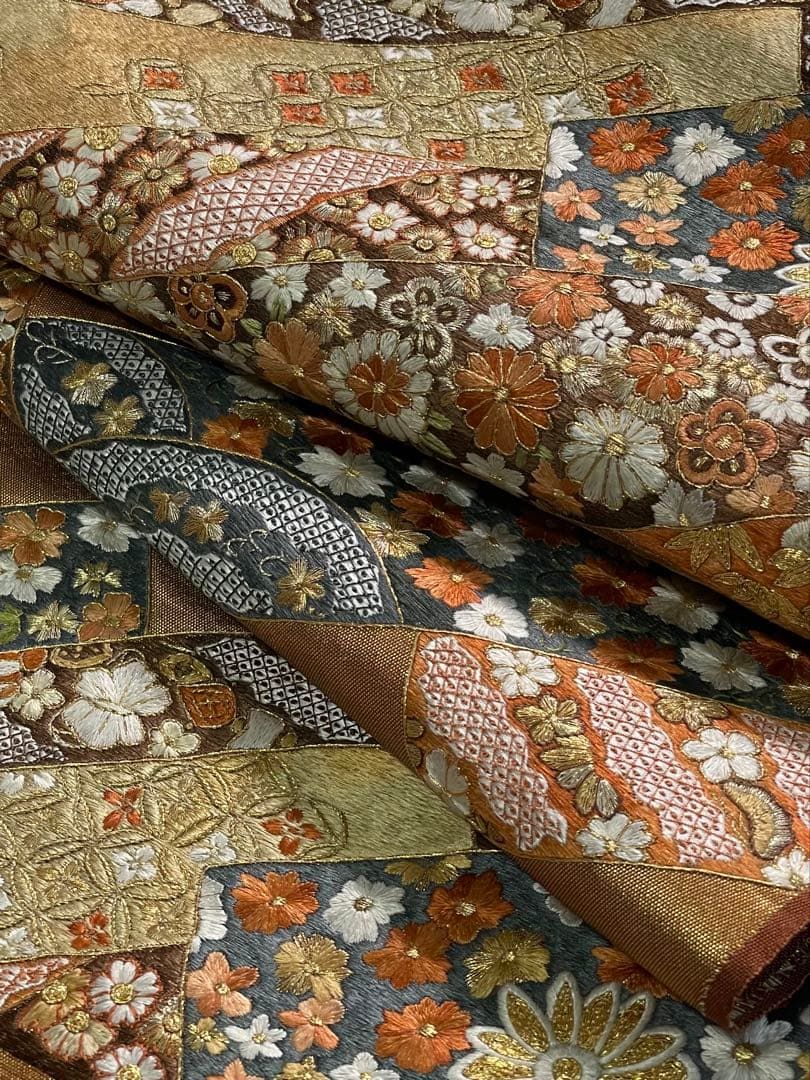 蘇州刺繍 相良刺繍 袋帯 反物 七宝繋ぎ 宝尽くし 正絹 帯裏付き SA 043