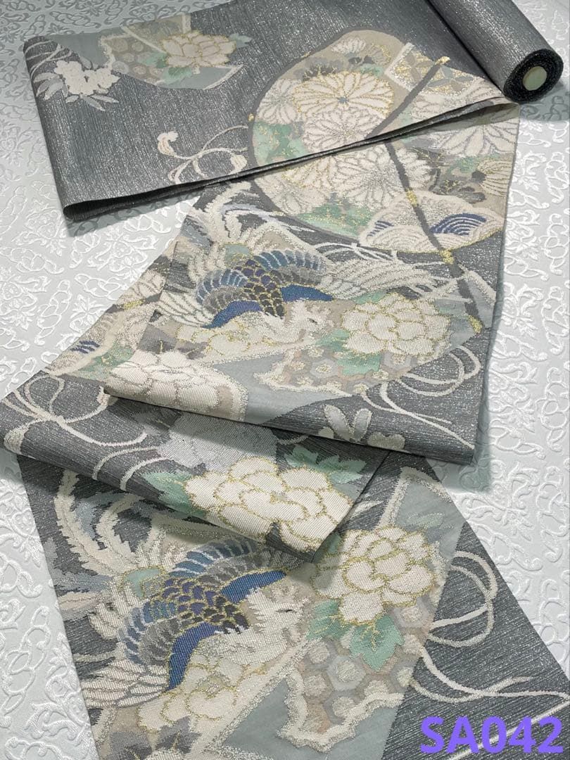 つづれ織 手織 袋帯 反物 鳳凰 鳥 金糸 銀糸 正絹 帯裏付き SA 042