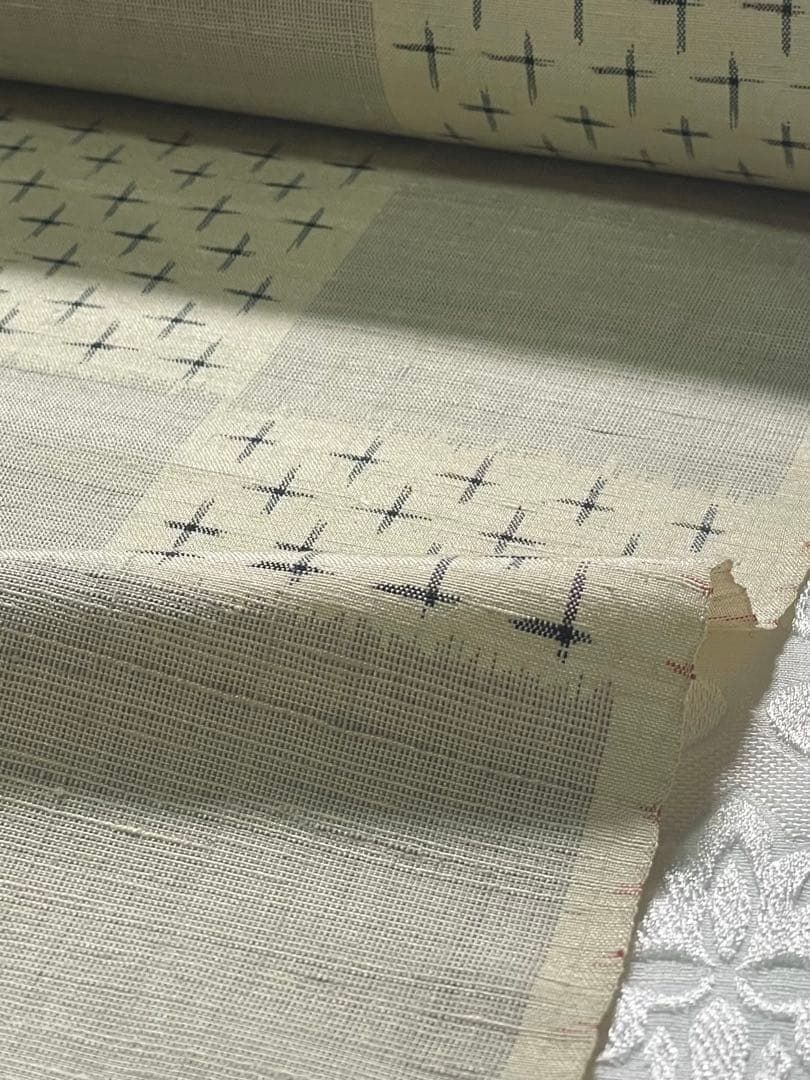  萬葉織 手紡糸 紬 反物 十字絣 変わり市松 正絹 SA 030 紬 着物反物